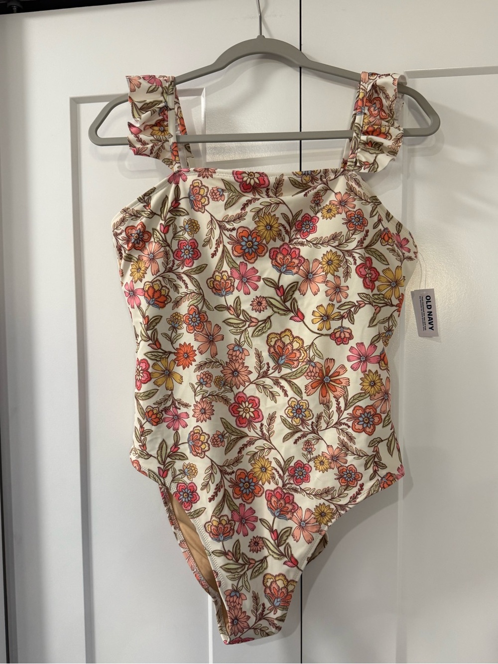 Old Navy Floral One-Piece Swimsuit - Cream with Pink & Orange Blooms